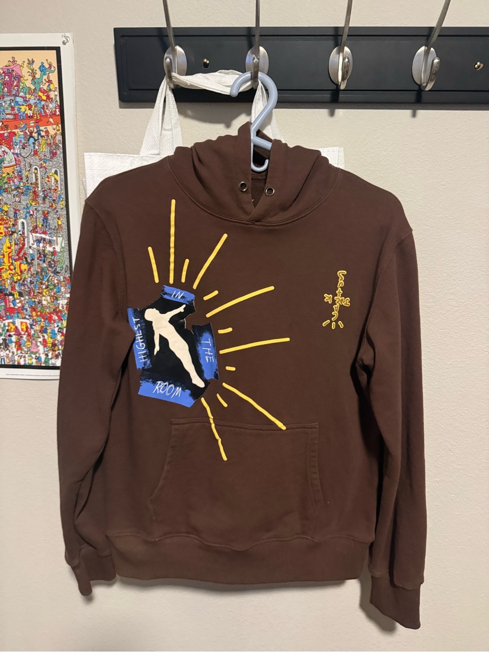 Travis scott Men's Brown Graphic Hoodie Sweatshirt with Yellow Accent medium